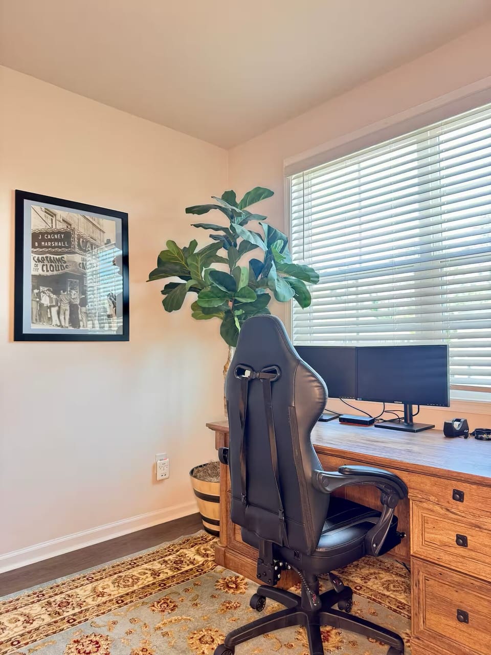 Office: desk, dual monitors, printer, office supplies, 1000 mbps internet speed.