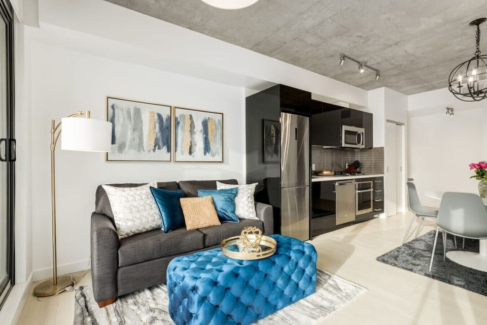 Industrial style unit with gorgeous blue accents.
