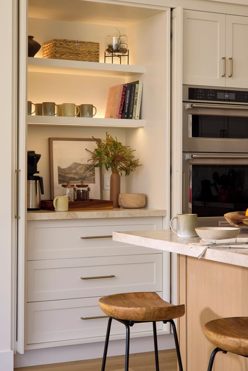 Bright coffee nook with complimentary essentials