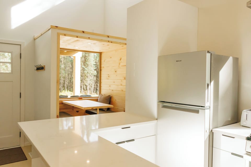 The "nook" framed by warm wood accent