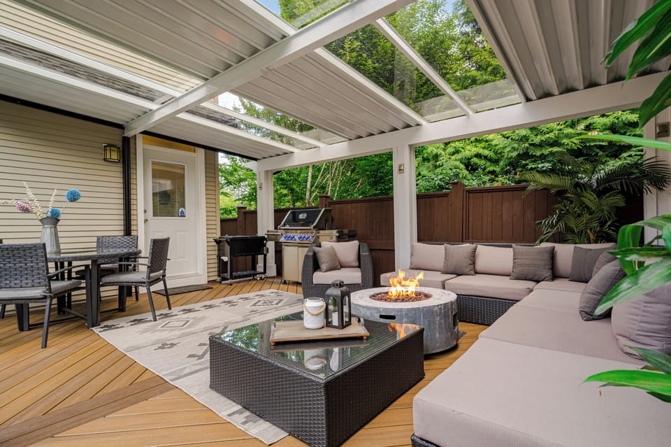 Back Deck with BBQ, firepit, and heater for those cozy summer nights!