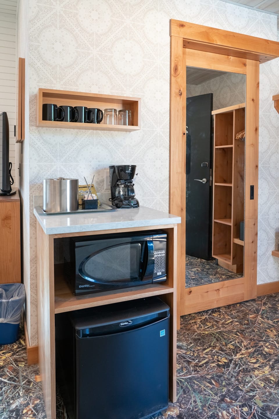 Our space comes equipped with a mini-fridge, a microwave, and a coffee maker.