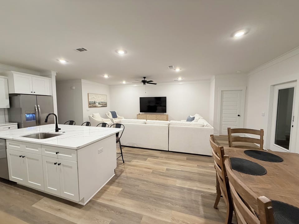 Dining, kitchen, living room