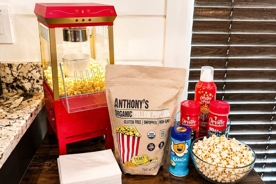 Popcorn machine and snack station for movie nights and family fun.