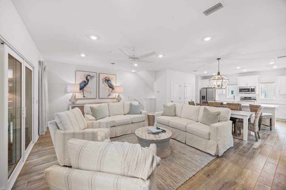 Open concept living space with 65" smart TV
