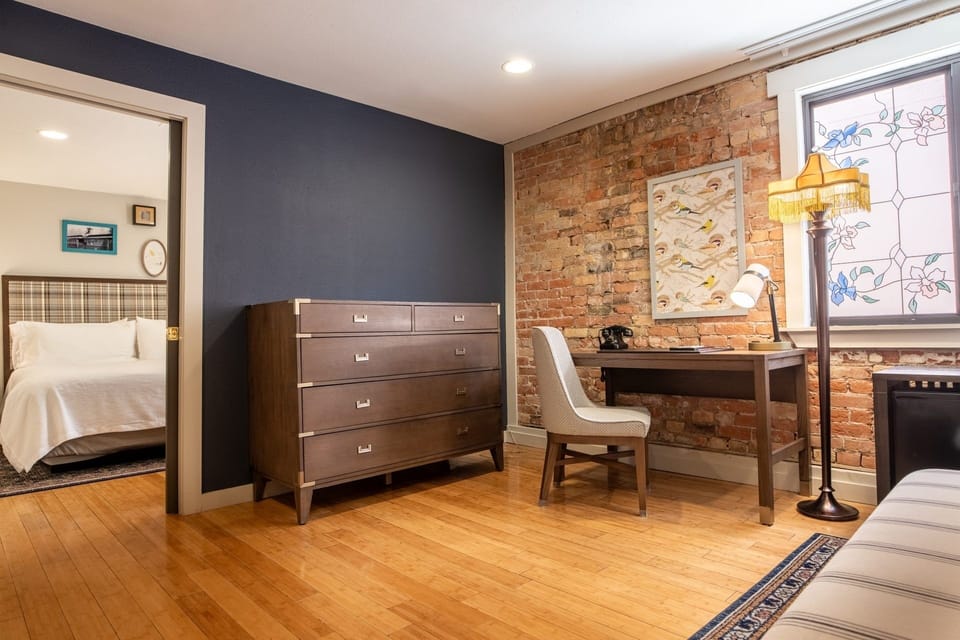 Get ready with extra storage and a quiet corner workspace.