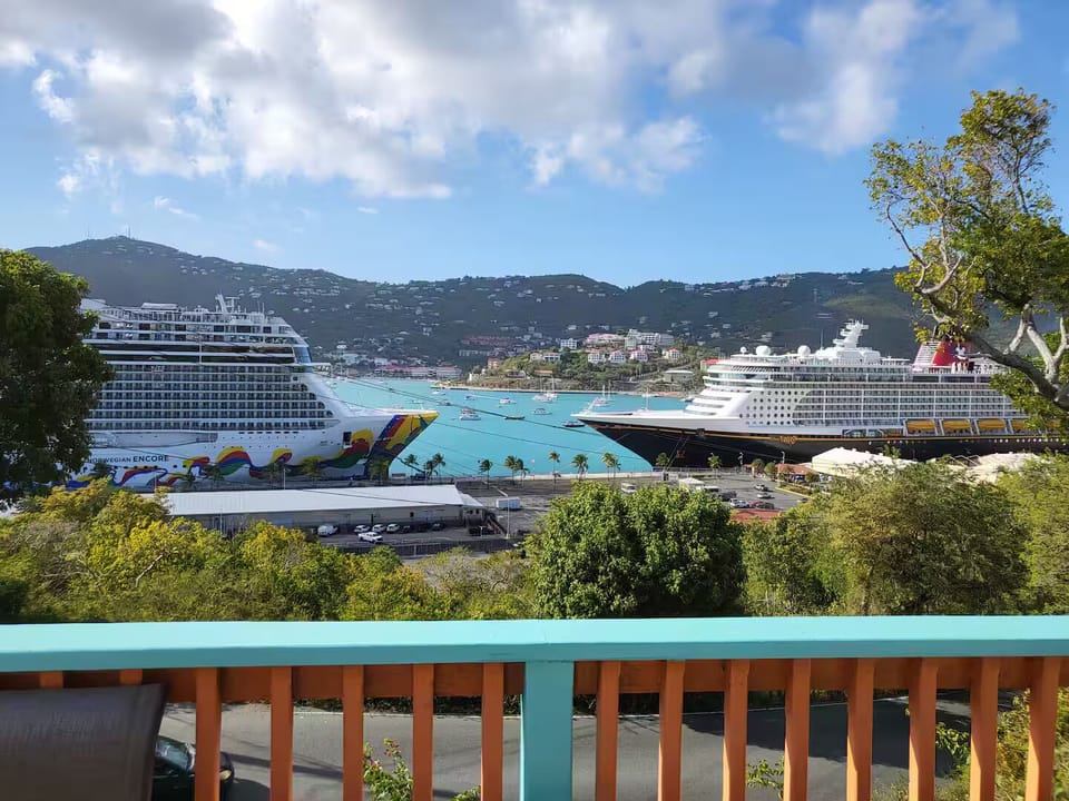 Cruise ships docked in harbor. Beautiful view from porch 
