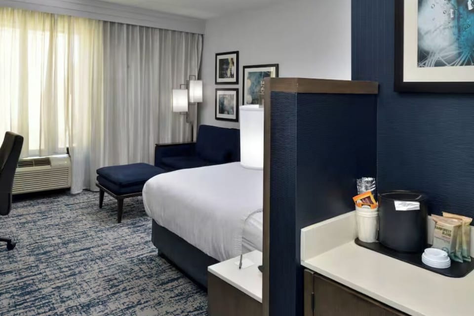 Unwind in a bright room with lounge seating and plush bed.