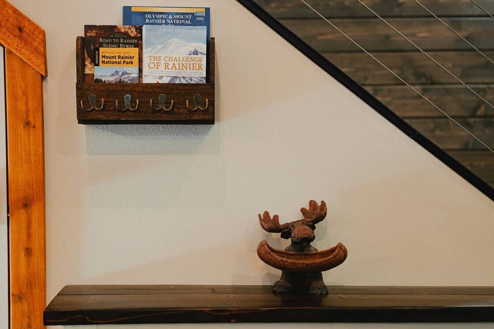 Entryway Table with Key Hooks and Hiking/Mt Rainier Books to Plan your Day!