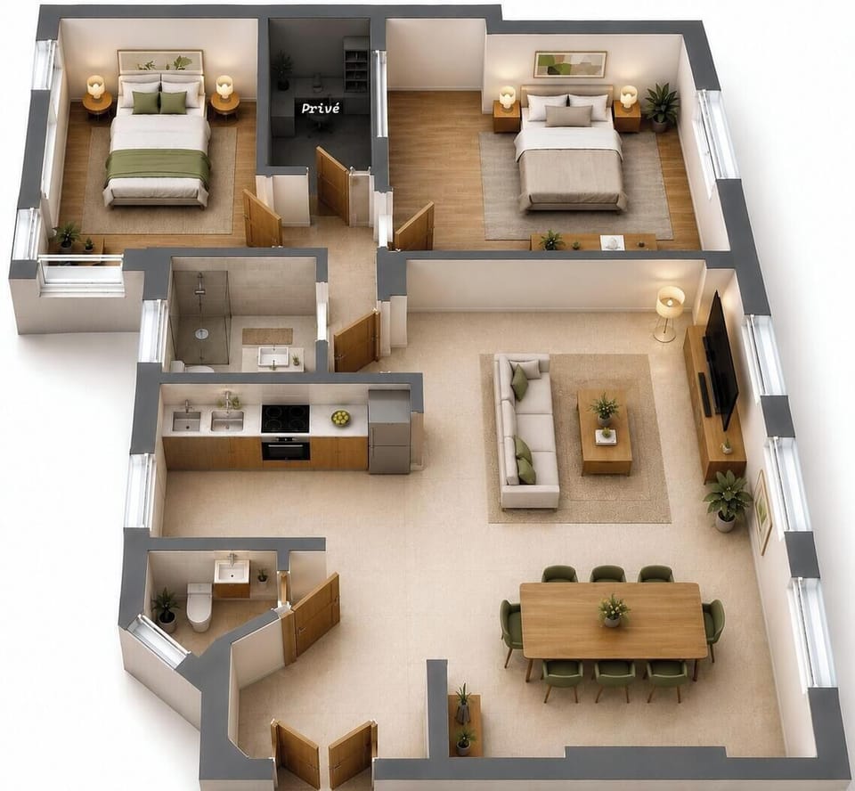 Plan 3D de l’appartement de 74 m² : double séjour, cuisine équipée, deux chambres et salle de bain.