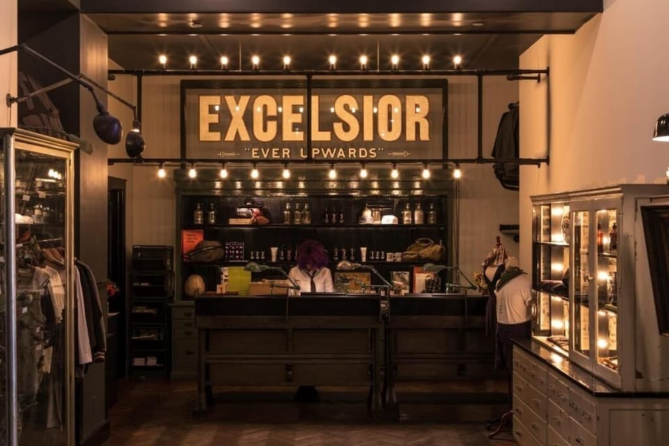 Browse curated finds at the stylish counter under warm lights.