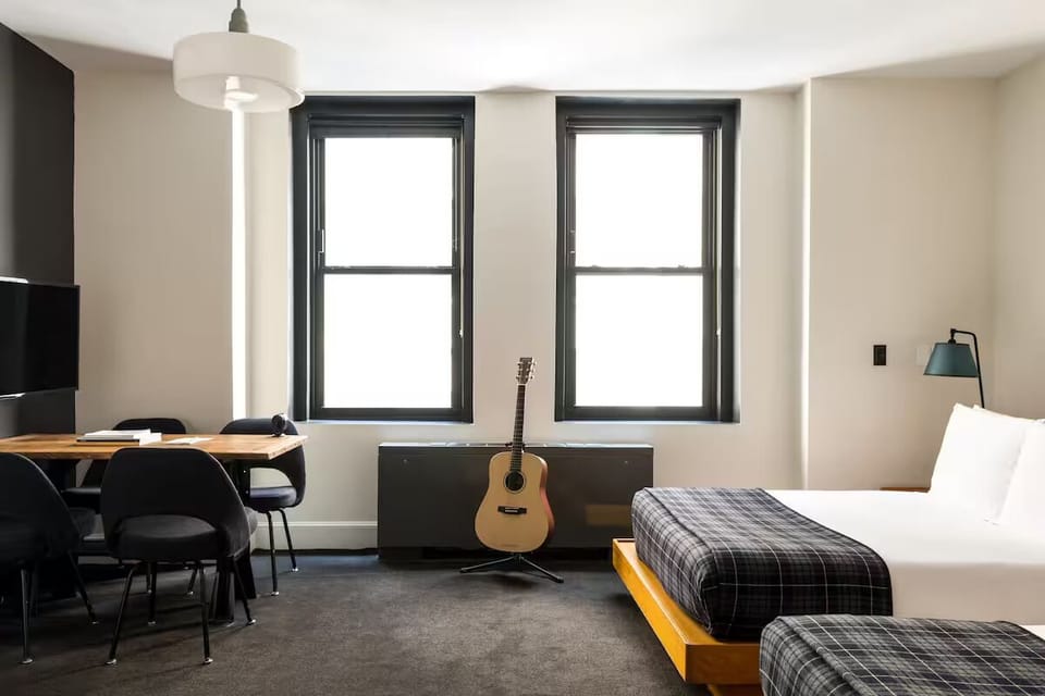 Stretch out in a bright, spacious room with work table.