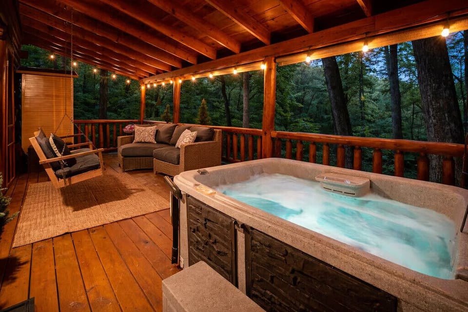 Private balcony hot tub, sauna and porch swing