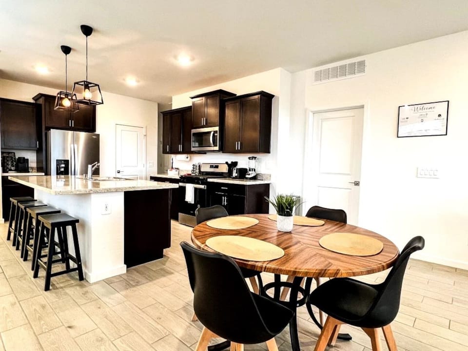 Kitchen and dining area with island