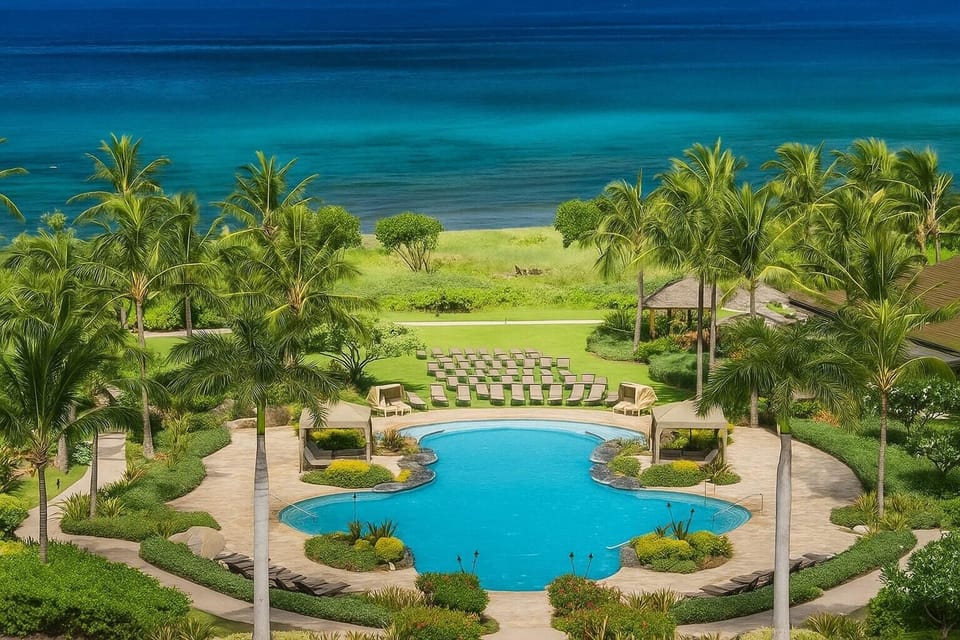 Oceanfront infinity-edge pool framed by tropical palms and lush gardens—your Maui resort escape starts here HKH-211