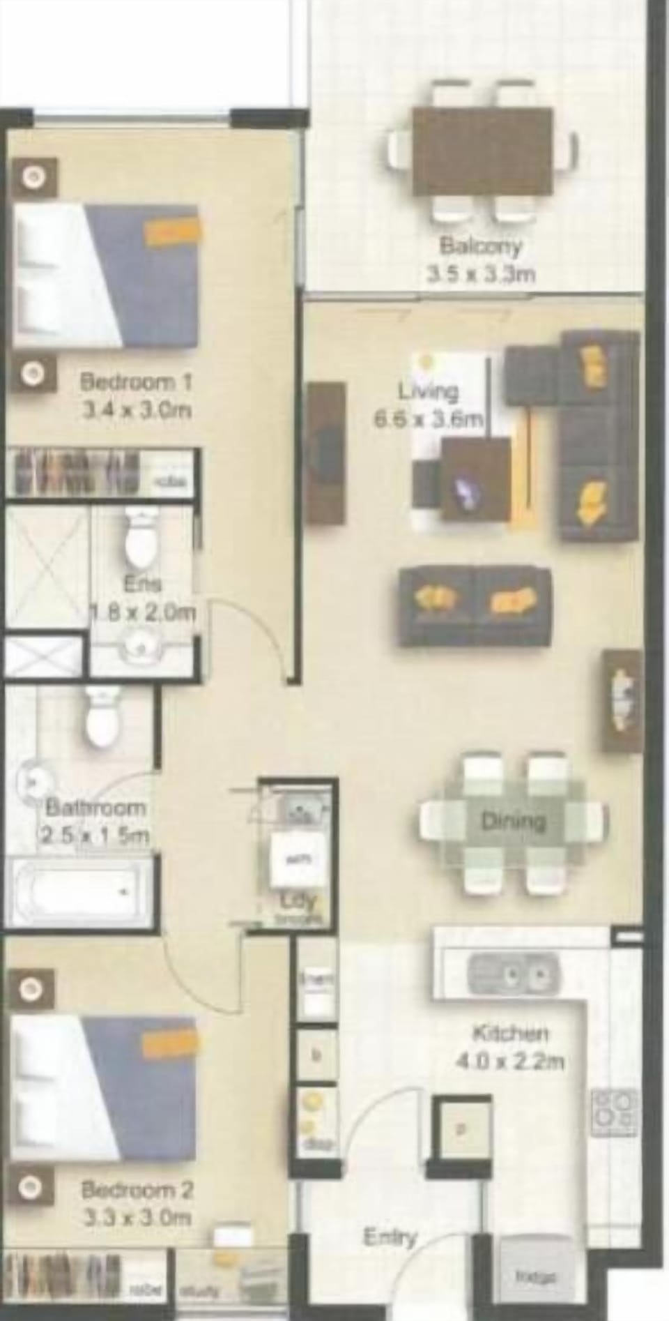 Review the floor plan before booking. The apartment offers 73 sqm of internal space plus a 12 sqm private balcony. The image is for layout reference only and does not represent the furniture arrangement at Thomas House.