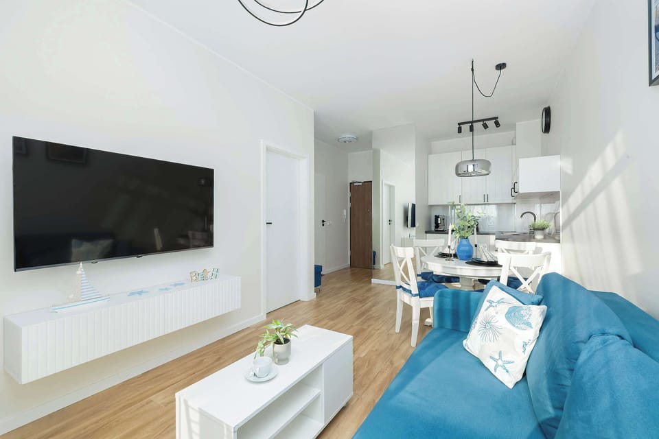 The living area features a sleek coffee table and a flat-screen television.