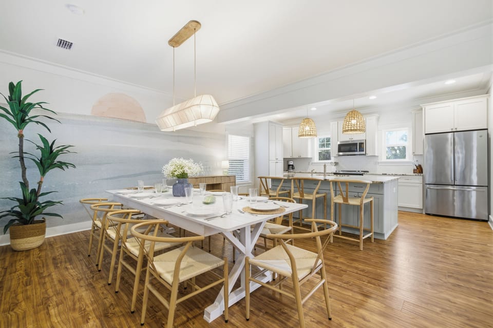 Dining area with seating for the whole group in an open, airy layout