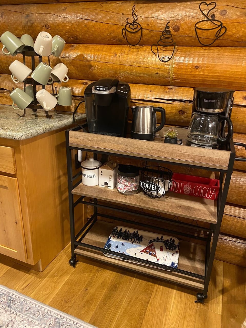 Fully stocked beverage cart in kitchen for coffee, tea, hot cocoa & cocktails!