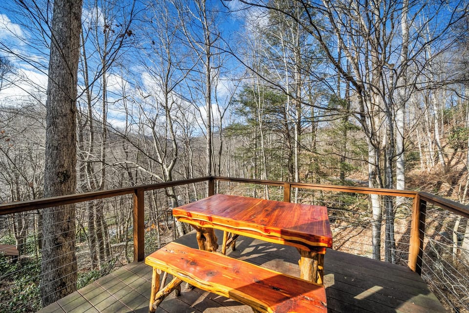 Seasonal View from the Custom Raw-Edge Wood Outdoor Table