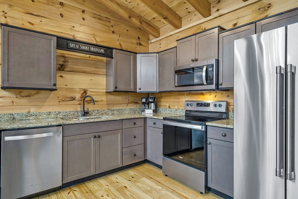 With everything you need from the coffee maker, refrigerator, freezer, cooker, oven, microwave, dishwasher and all the necessary utensils to cook up a storm
