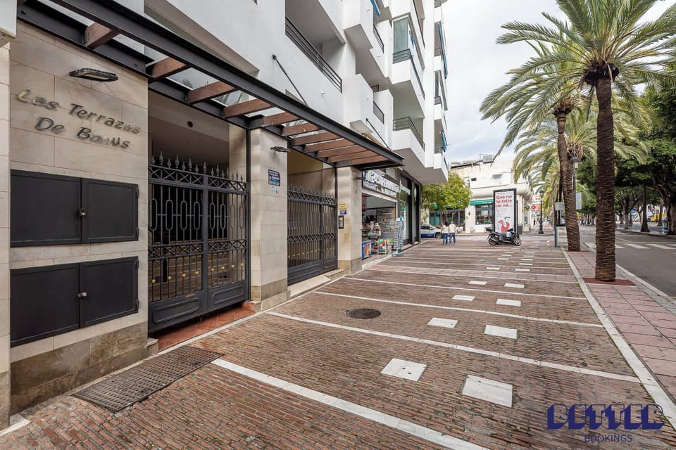 Street with palm-lined walkway, sleek building “Casa Terracina De Charme,” balconies, and patterned paving.