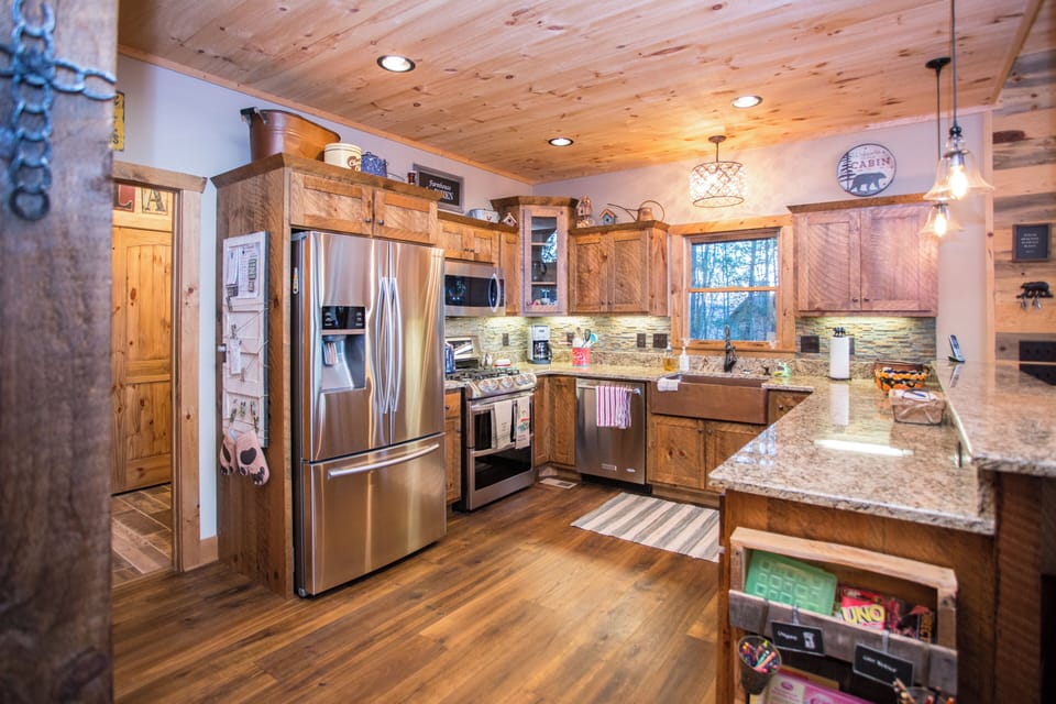 While rustic in nature, the chef's kitchen offers all of the modern amenities.
