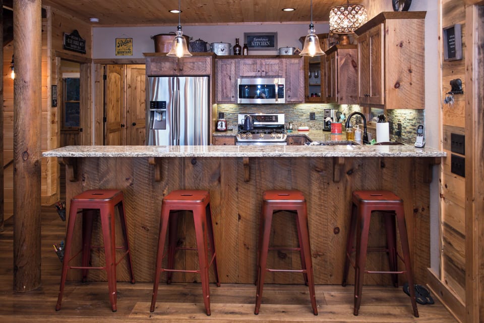 4 rustic bar stools add to extra countertop seating for meals, snacks, & beyond.