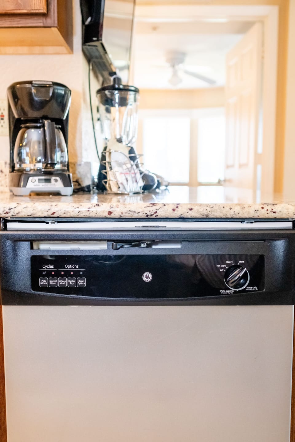 Modern kitchen area with a stylish dishwasher and essential appliances.