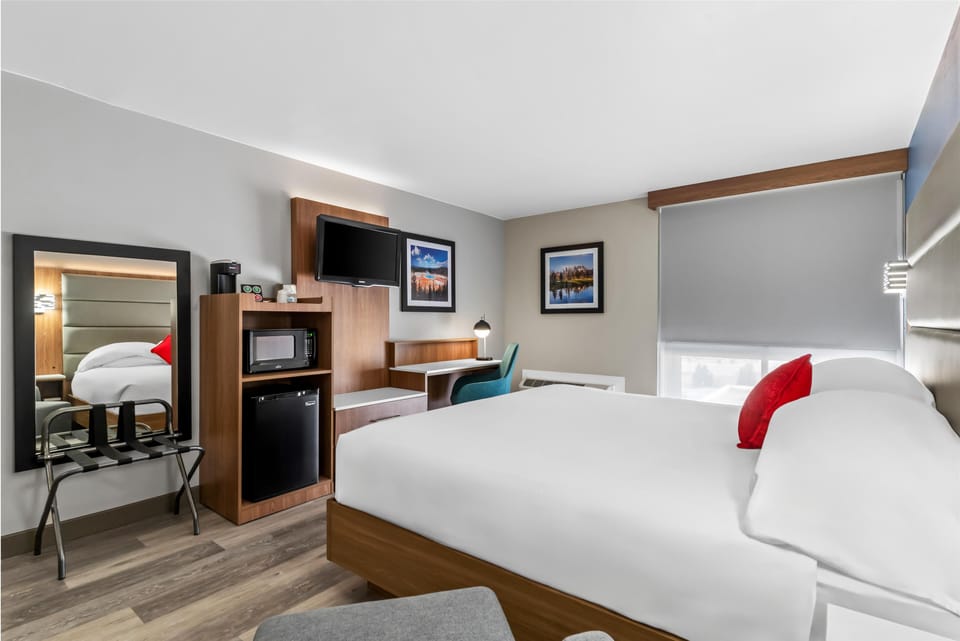 Settle in with a crisp bed, fridge, and workspace.