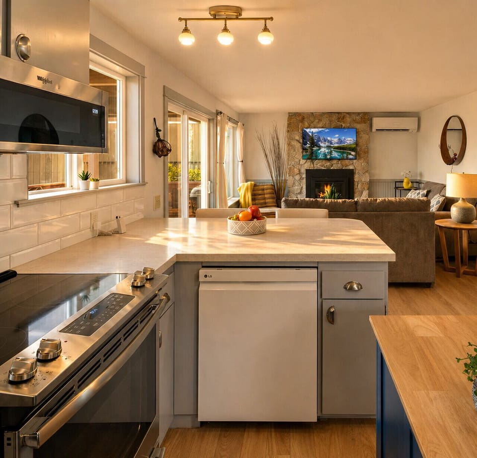 Open Kitchen Flowing into Cozy Living Space w/ Fireplace & Water Views