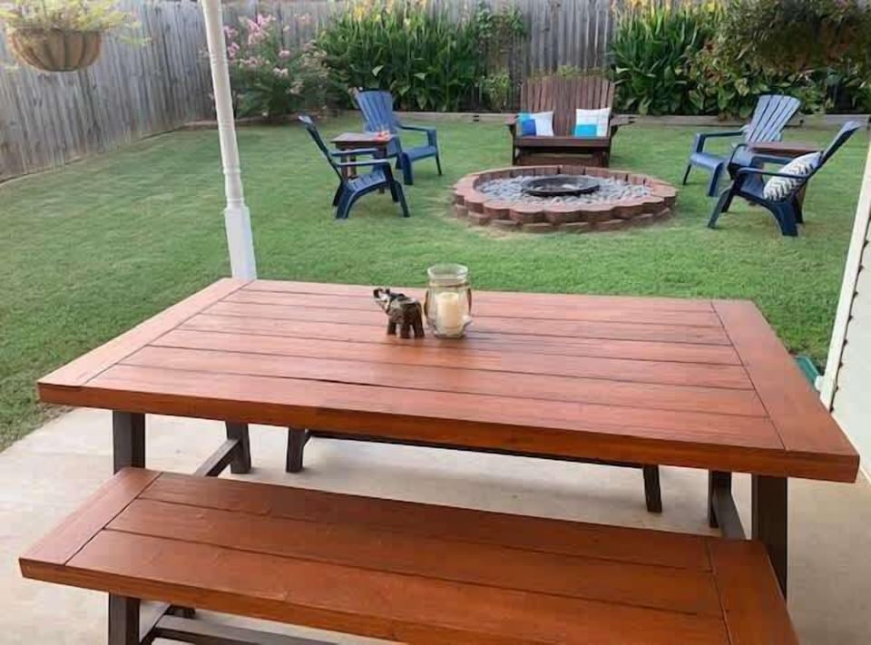 May 2024 storm/ tornados destroyed flowerbed (being regrown for native, lower maintenance ornamental grasses, flowers and plants) and furniture (replaced with six chairs - 3 yellow and 3 navy)
