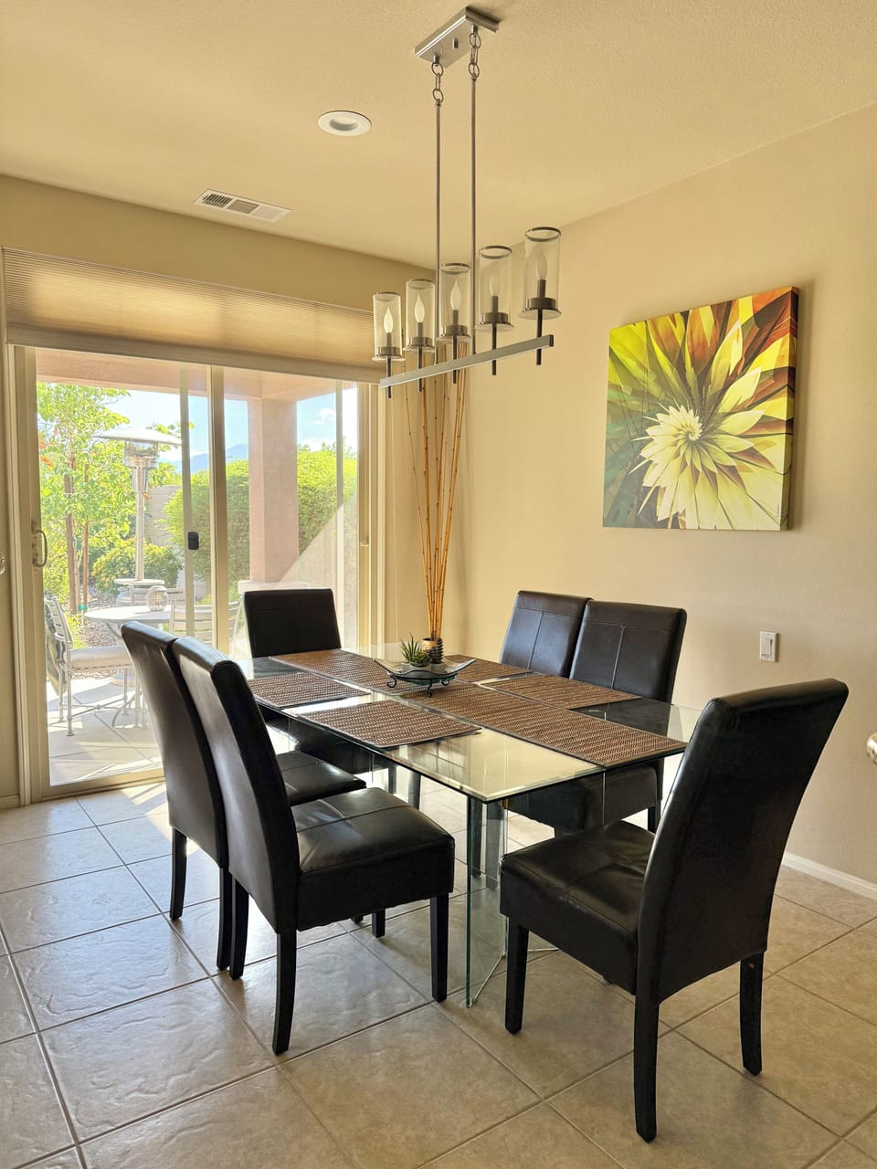Dining area of great room. Light fixture has dimmer switch for mood lighting.