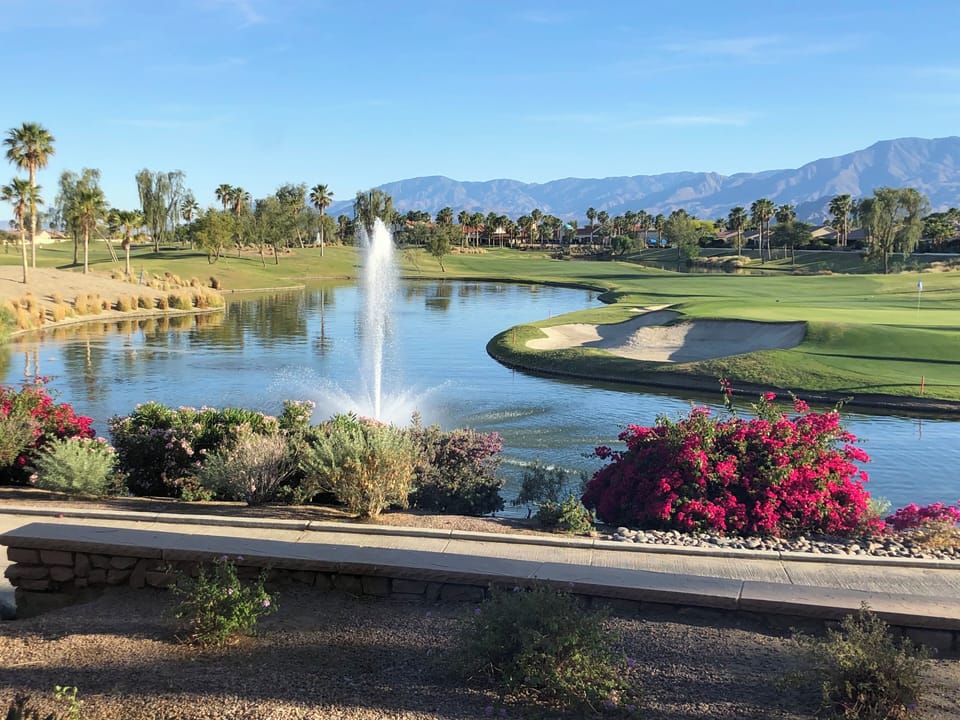 Golf course view from our community restaurant, Shadows: breakfast,lunch, dinner