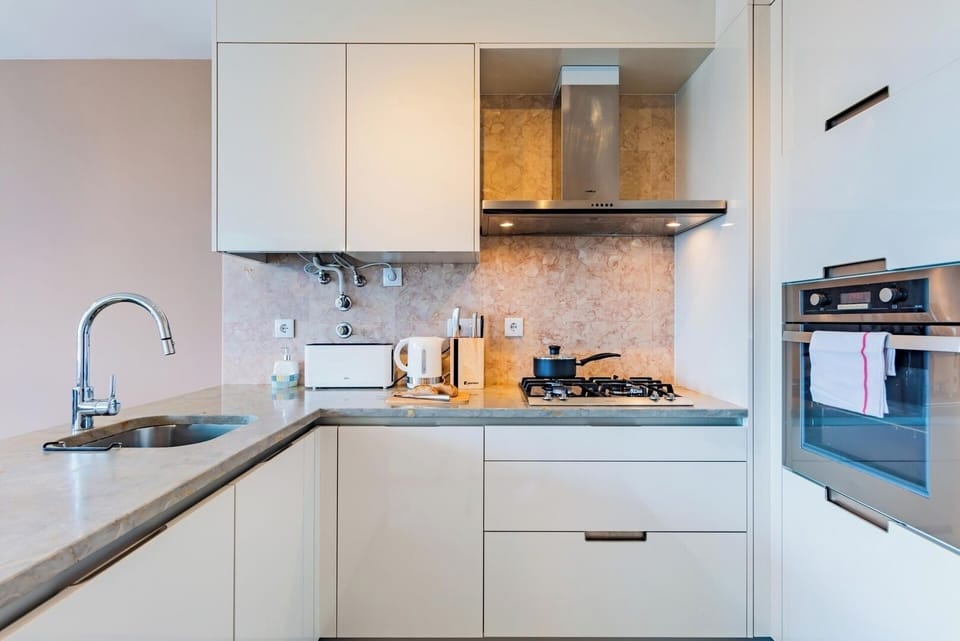 Equipped kitchen with washing machine and dishwasher.
