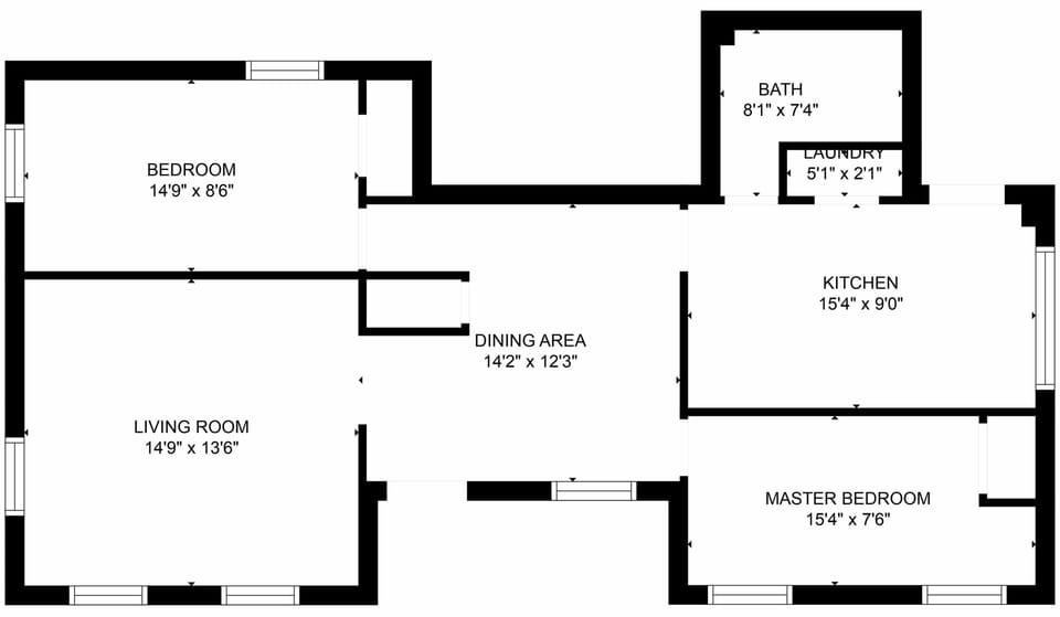 Two-bedroom layout with open living area, kitchen, and private bath. 🏡