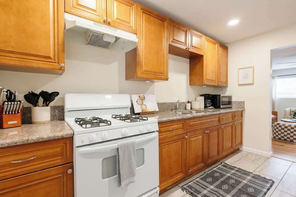 The galley style kitchen comes fully equipped with everything you could need