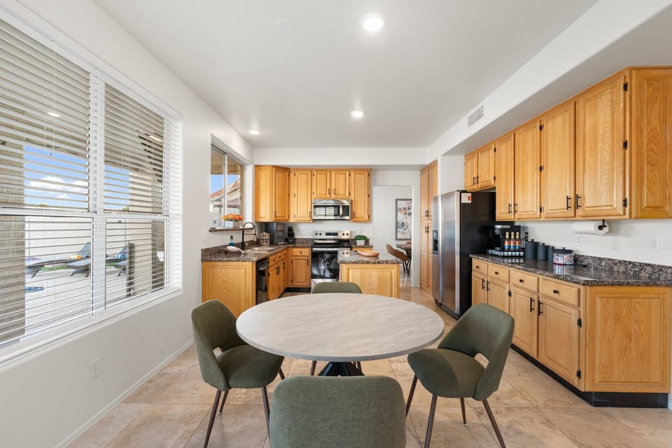 Breakfast table and kitchen