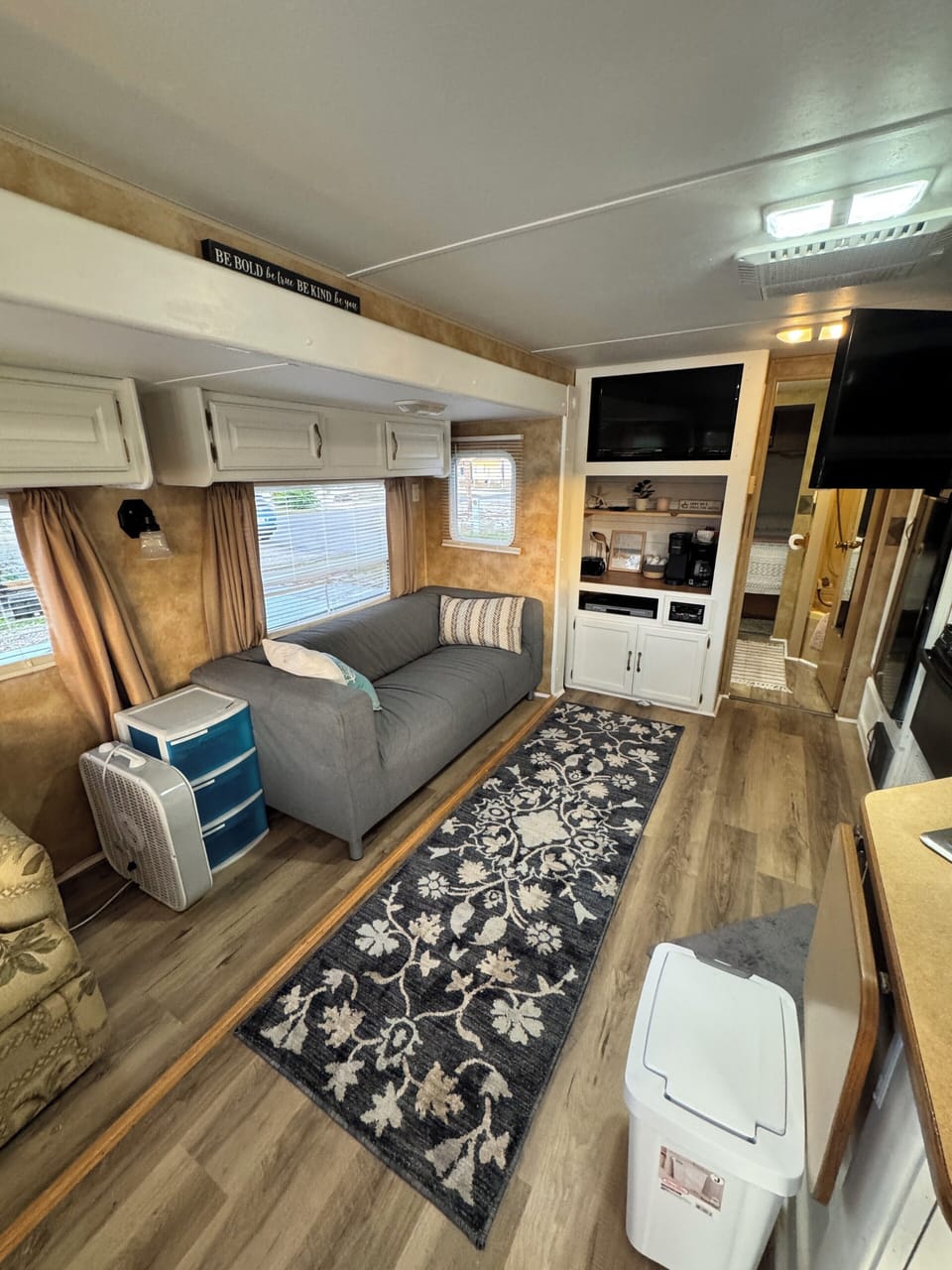 Full sofa, blinds and curtains for privacy, full service coffee bar, TV w/roku