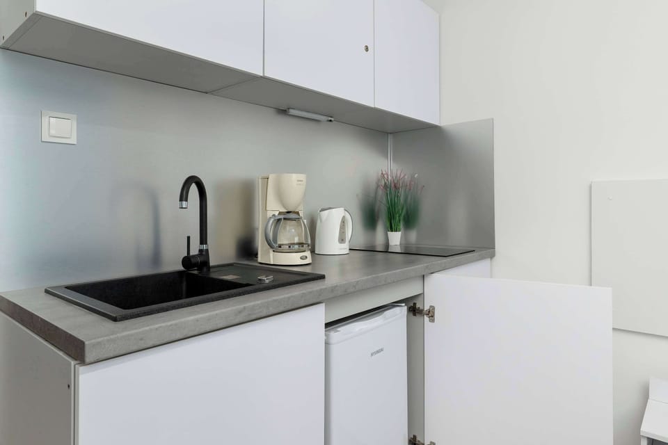The sleek design of the kitchenette blending seamlessly with the living area.