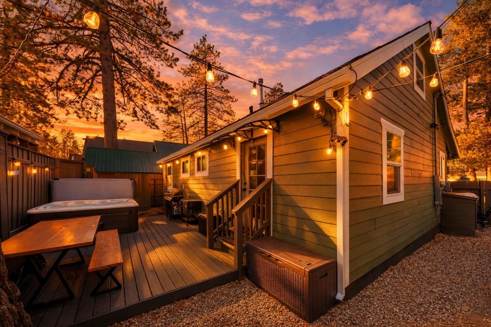 Charming wooden cabin nestled among tall pines with romantic string lights illuminating your private deck. Soak in the hot tub under stunning sunset skies.