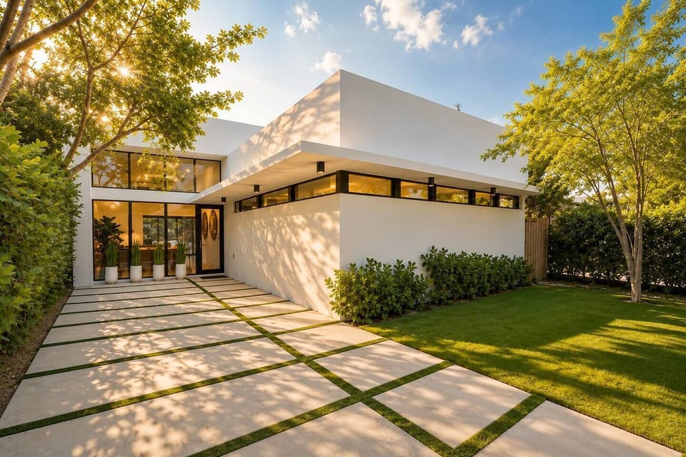 Late sun filters through the trees as you walk up to the front door. Off to the side, the open lawn gives you room to toss a ball around or just stretch out before going in.