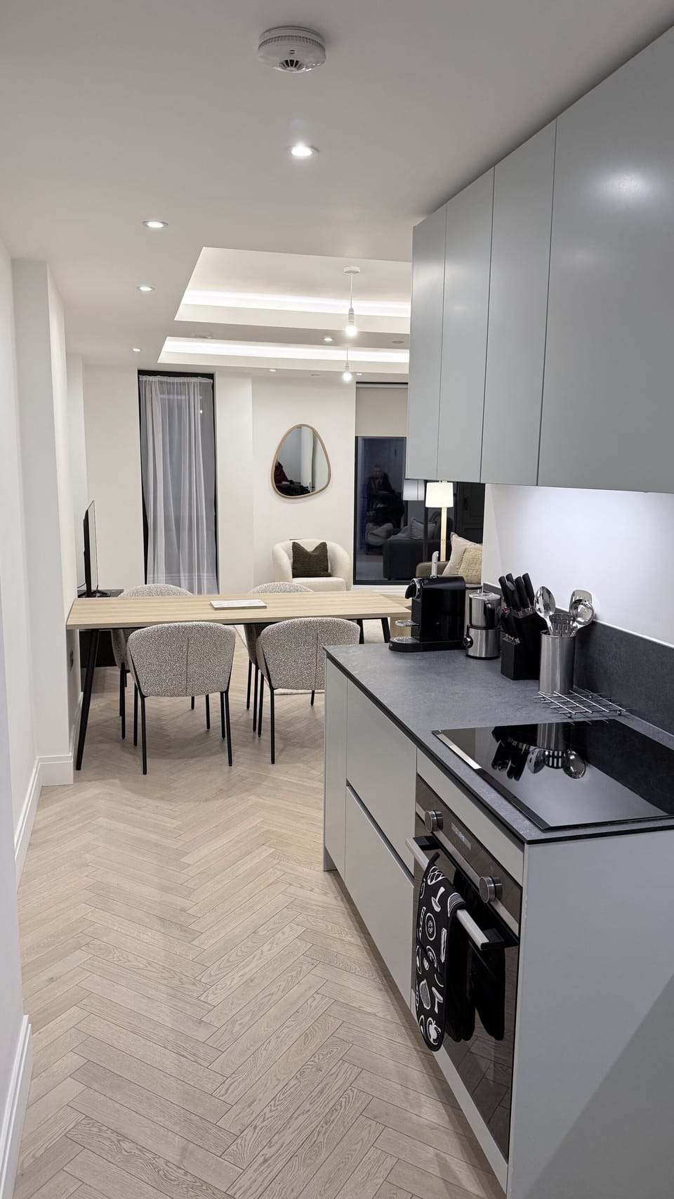 Open plan kitchen, dining room