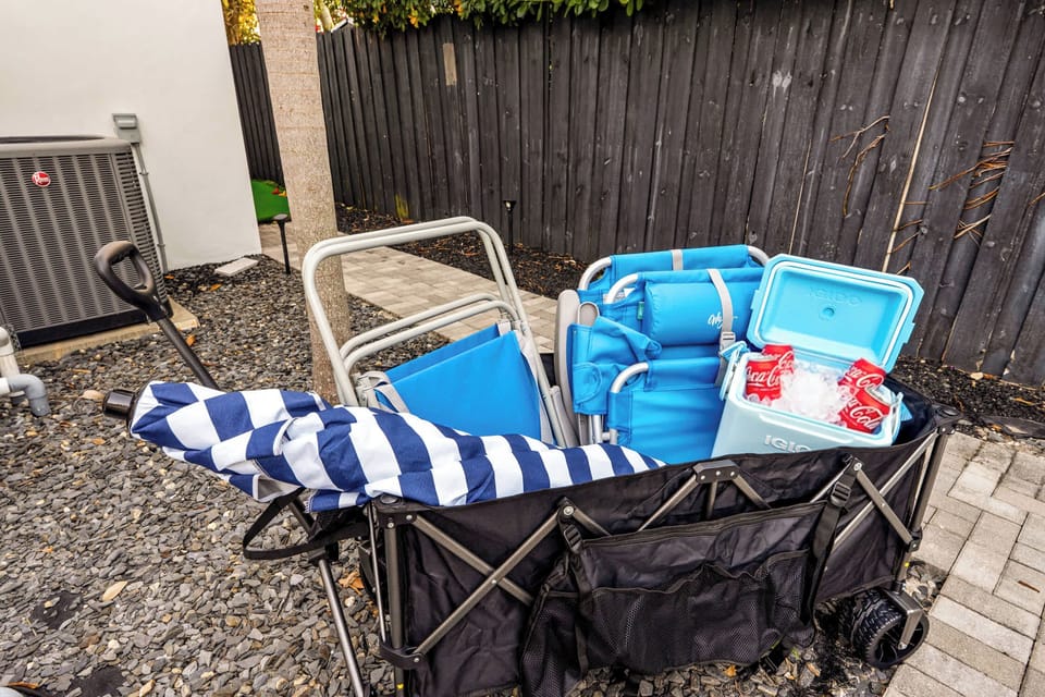 Beach wagon, chairs and cooler provided for the sand.