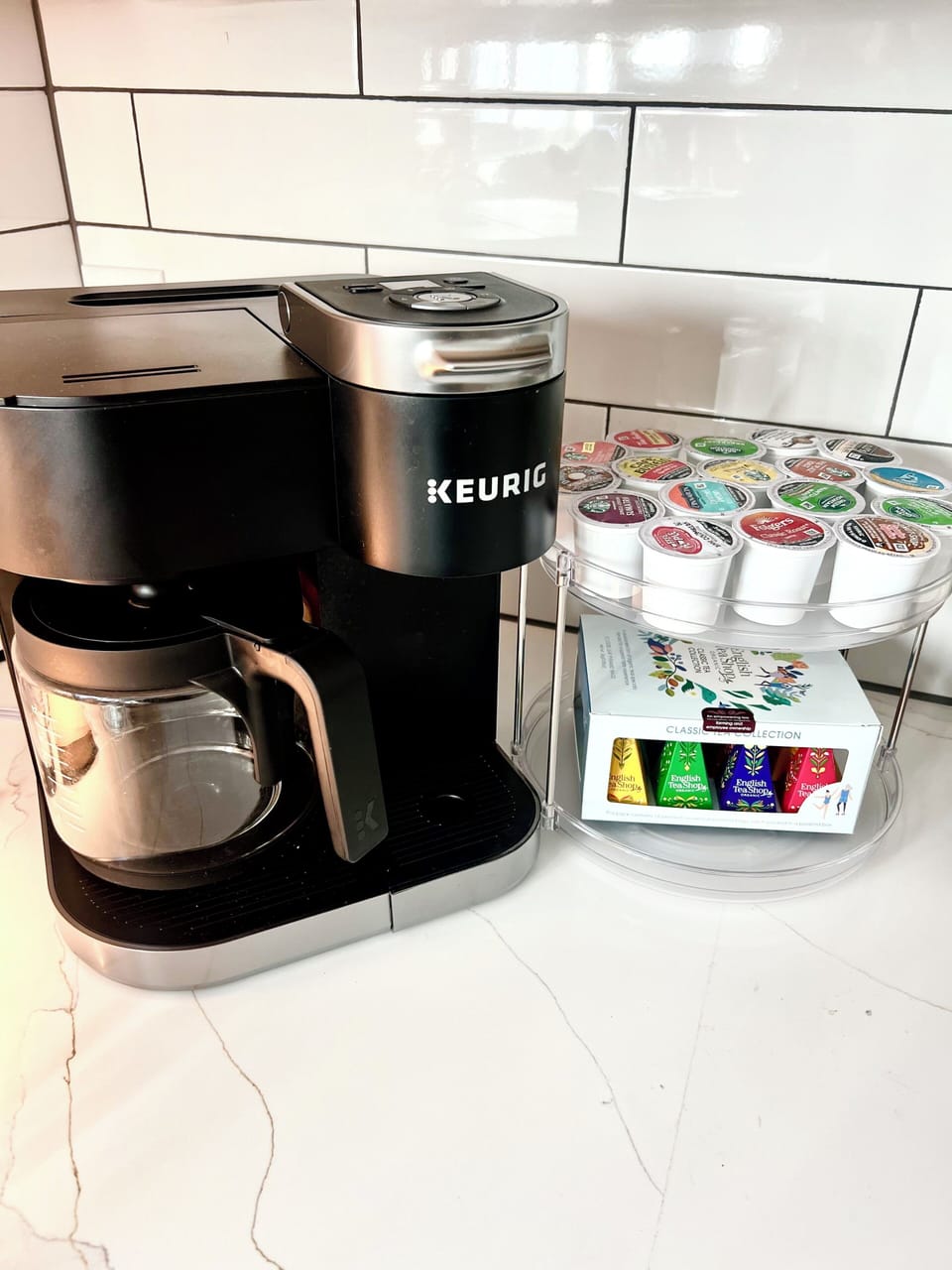 Keurig with carafe + K‑cups and vari-'teas' for your morning start