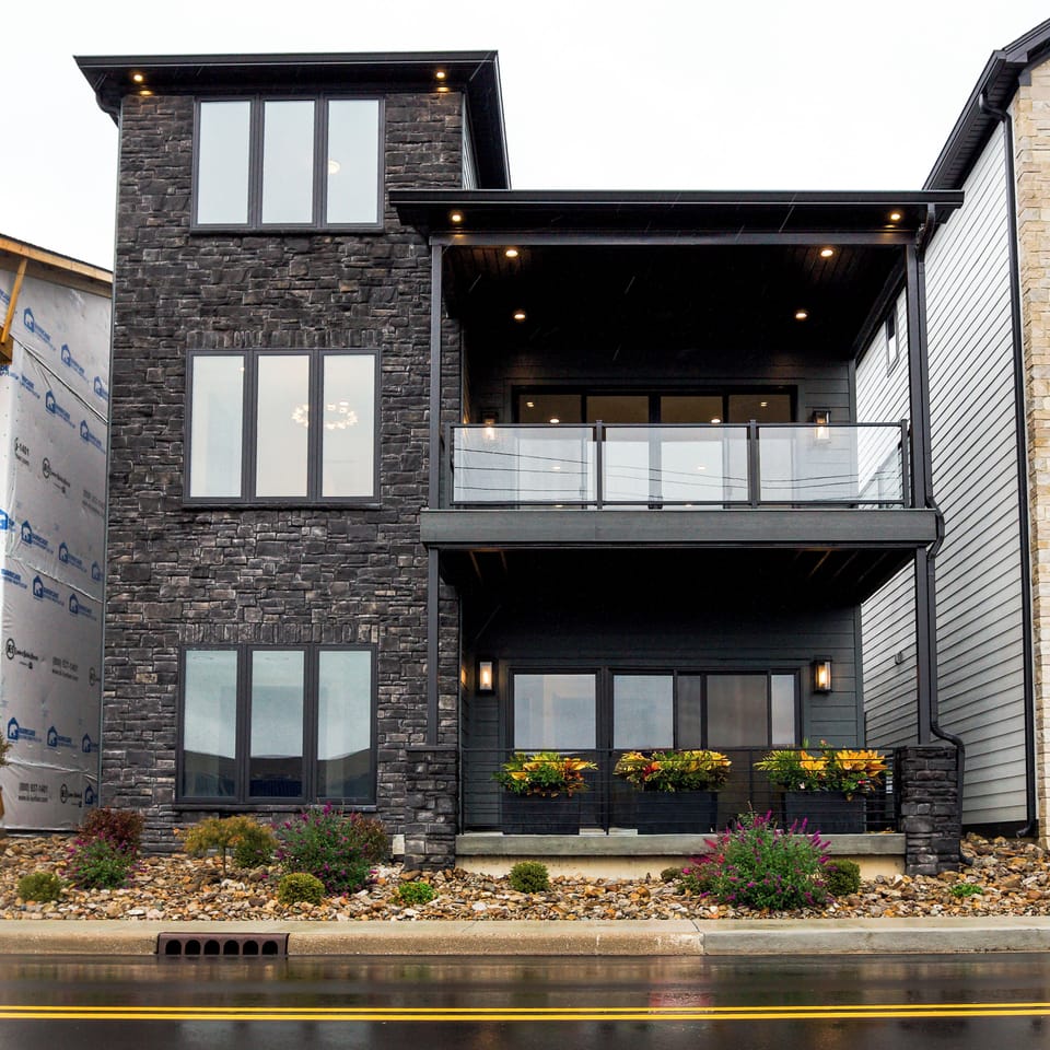 Newly built modern home with riverfront view.