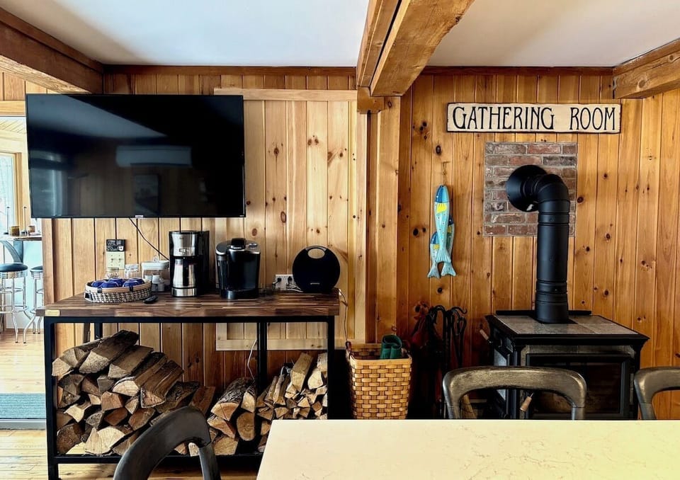 wood stove, coffee station, Smart TV