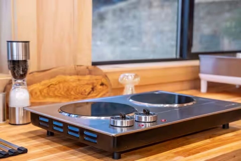 2-burner hot plate. Also includes a small pot and skillet and small slow cooker.