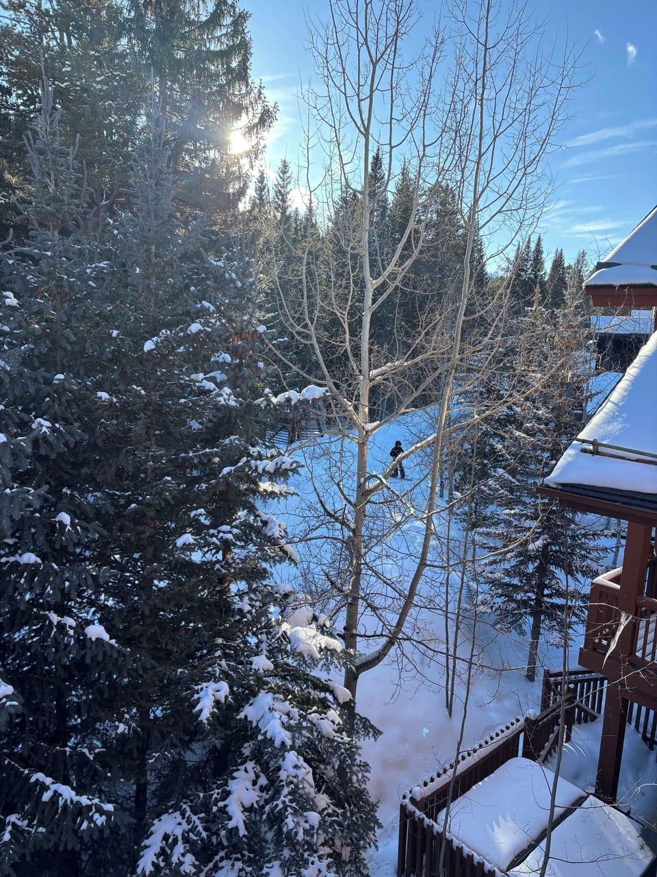 Snowboarder coming off of bridge. View from master bedroom deck.