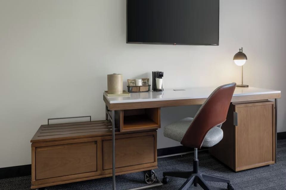 Get productive at the dedicated desk with coffee close by.